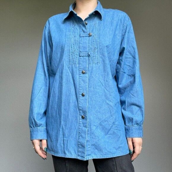 Vintage German Women's Long Sleeve Denim Button Down Oversized Shirt Blue Sz M - Picture 4 of 9